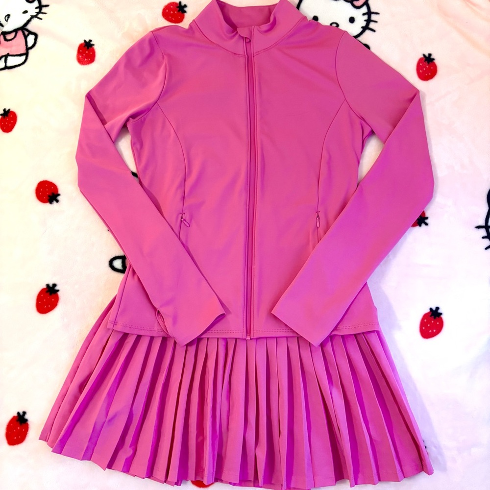 PINK Victoria’s Secret Hot Pink Zip-Up Relay Jacket and Skirt Set Size Medium